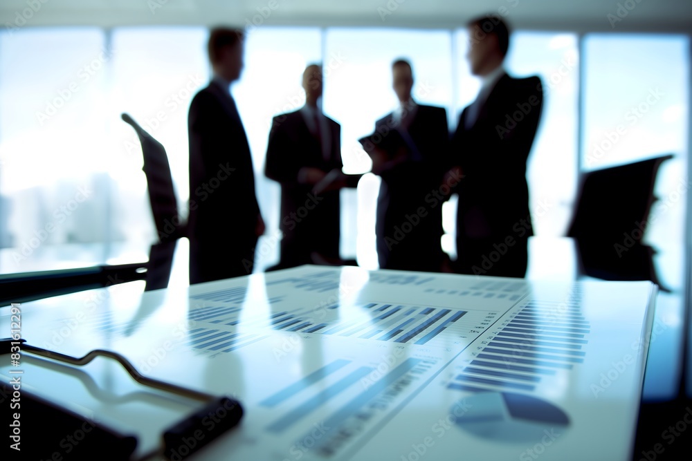 Business charts on a table with professionals discussing in the blurred background Business charts on a table with professionals discussing in the blurred background