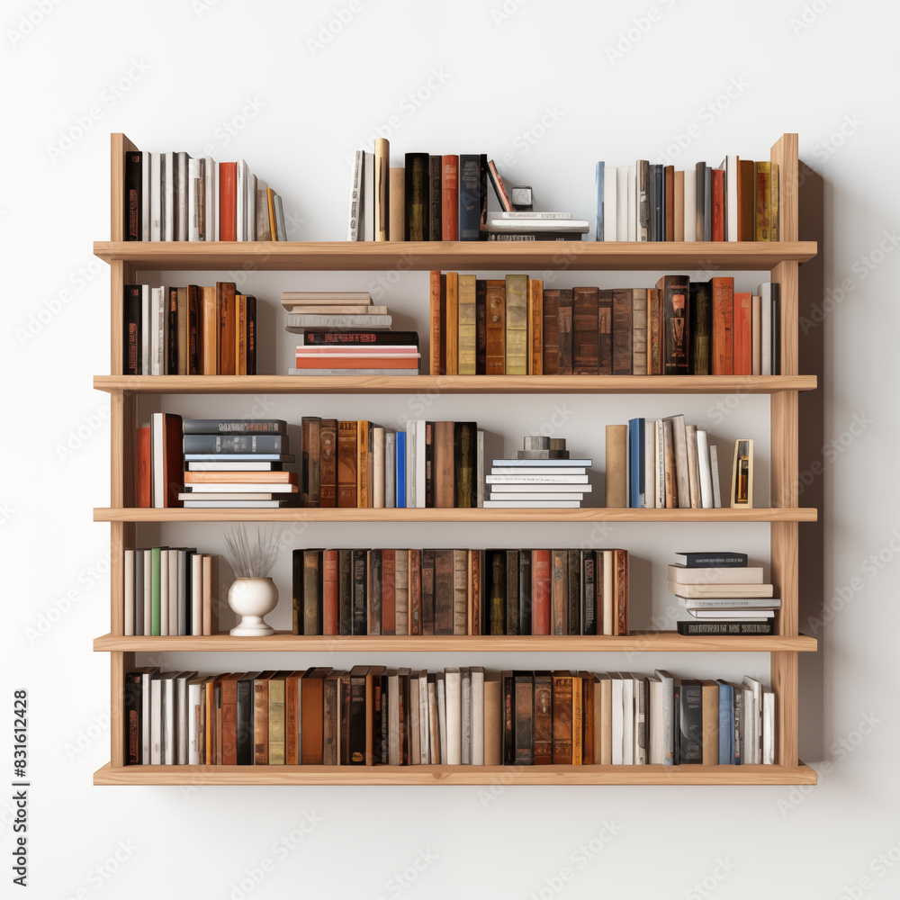 A wooden bookshelf filled with various books including old new hardcover paperback and different colors A wooden bookshelf filled with various books including old new hardcover paperback and different colors