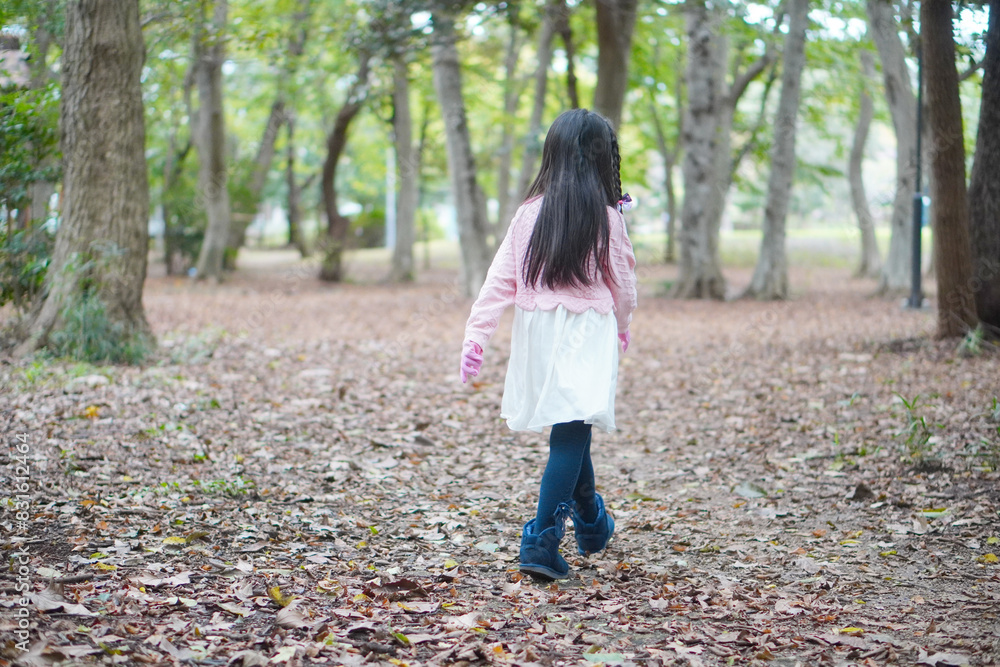 秋の森を散歩する小学生の女の子の後ろ姿 秋の森を散歩する小学生の女の子の後ろ姿