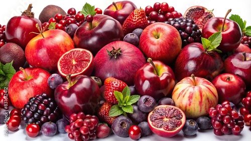 Collection of red purple maroon fruits in a pile apple  cherry  cranberry  fig  plum  pomegranate on background cutout