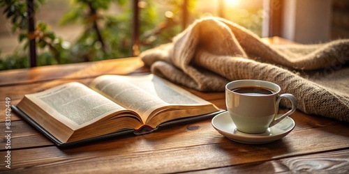 A cozy, inviting image of a personal Bible study set up with a cup of coffee on a table