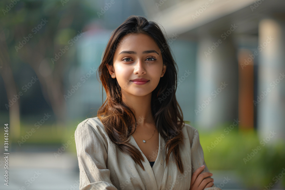 Confident Young Indian Businesswoman in Beige Blouse Posing in Modern Office Park Confident Young Indian Businesswoman in Beige Blouse Posing in Modern Office Park