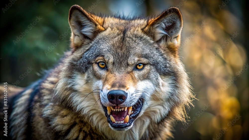 Angry wolf portrait in natural setting