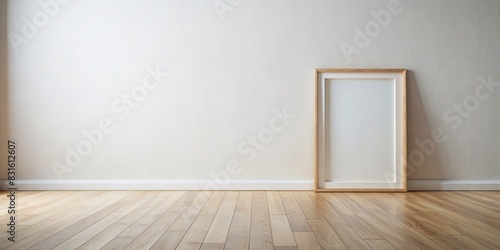 Minimalistic empty picture frame on white wall with wooden floor