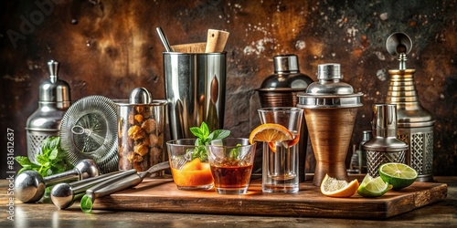 A vintage bar set up with classic cocktail ingredients and tools