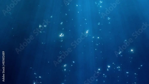 Animation of a blue water surface illuminated by the sun with air bubbles appearing