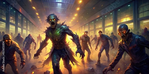 Horde of angry zombies in a mall running towards the camera, glow © artsakon