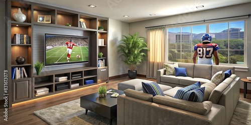 Living room interior with a television showing a football game  decorated with jerseys and sports memorabilia