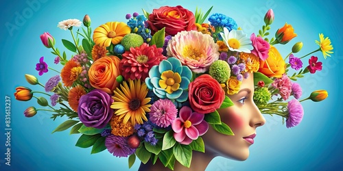 Vibrant flowers blooming from a human brain symbolizing a creative and harmonious mind photo