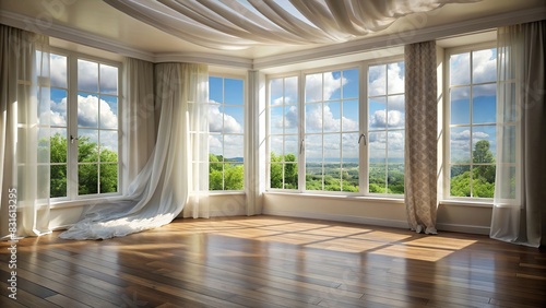 Empty room with open windows letting in fresh air, curtains billowing in the wind