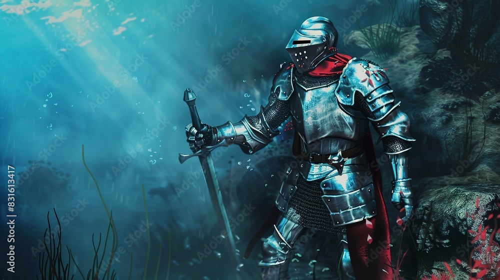 Medieval knight's armor on the seabed flat design side view, historical fantasy, water color, triadic color scheme Medieval knight's armor on the seabed flat design side view, historical fantasy, water color, triadic color scheme