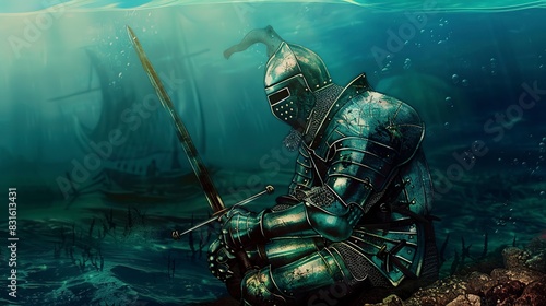 Medieval knight's armor on the seabed flat design side view, historical fantasy, water color, triadic color scheme