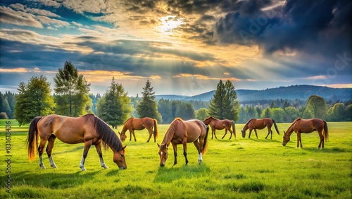 Farm horses grazing on fresh grass in a peaceful field photo