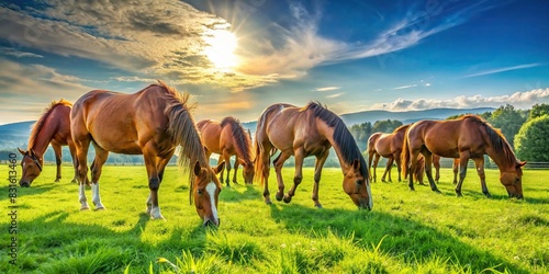Beautiful image of farm horses enjoying a meal of fresh green grass in a sunny pasture