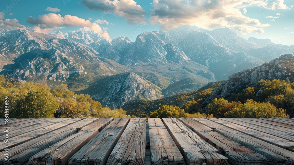 Mountain View: Wooden Tabletop with Majestic Landscape