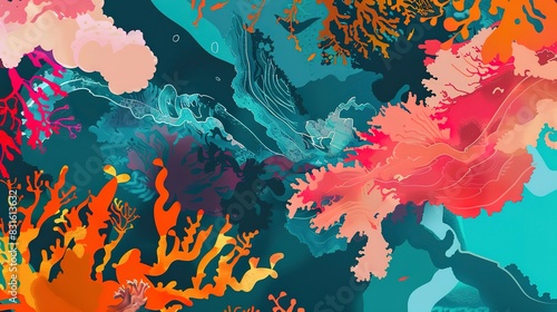 Bio-engineered coral reef flat design side view, futuristic oceans, water color, triadic color scheme  photo