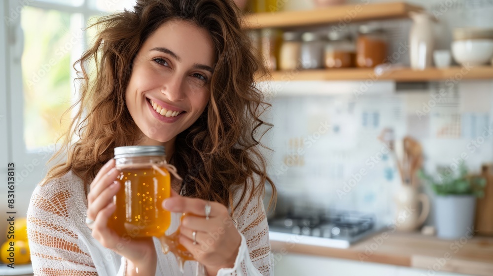 Smiling woman holding a jar of honey substitute in a modern kitchen. Ideal for low-calorie and sugar-free diets Smiling woman holding a jar of honey substitute in a modern kitchen. Ideal for low-calorie and sugar-free diets