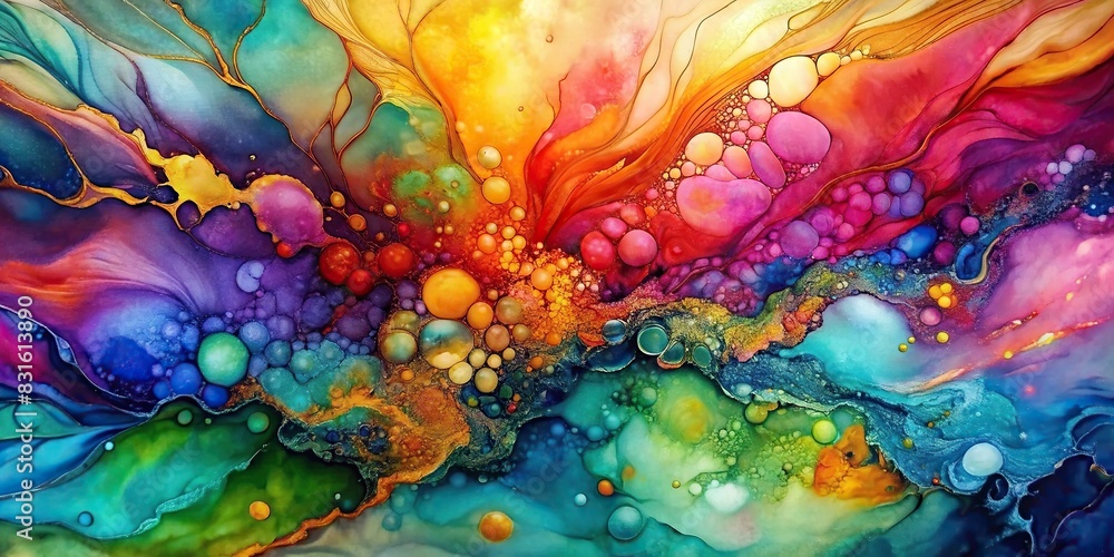 Vibrant abstract fluid art painting in alcohol ink technique