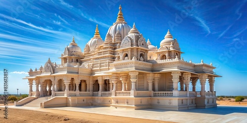 Modern Hindu temple in a desert landscape with clear blue skies photo