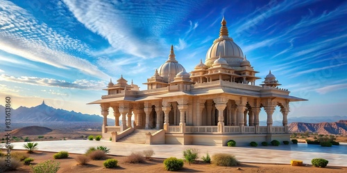 Modern Hindu temple in a desert landscape with clear blue skies photo