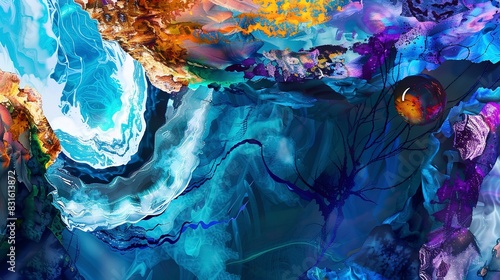 Dreamlike sea cave flat design top view, magical realism, water color, tetradic color scheme photo