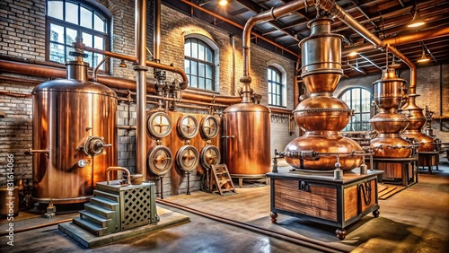 Vintage antique gin distillery with wooden and copper barrels