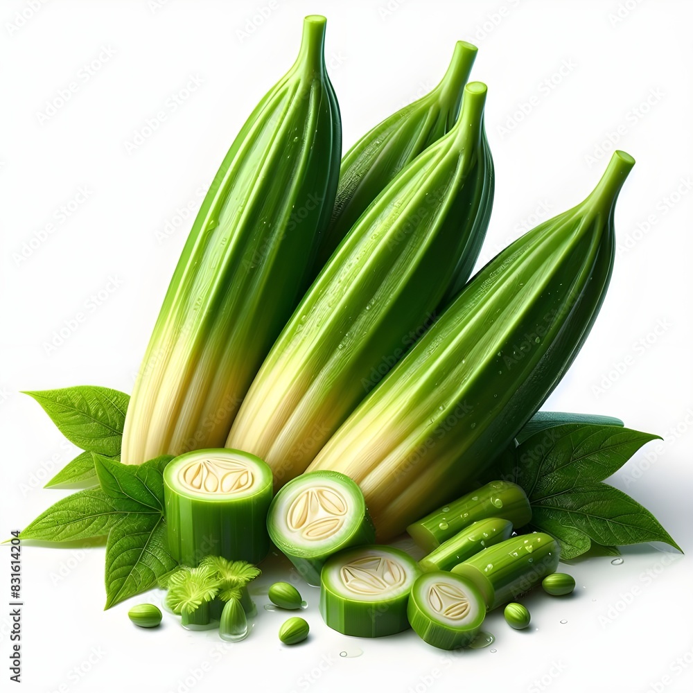 Fototapeta premium close up portrait of realistic detailed natural ladyfinger with green leafs ,water on the ladyfinger,3D coloured ,png, on white background 
