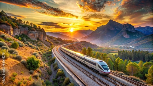 Scenic view of a high-speed train on the Valencia railroad during sunset in the mountains photo