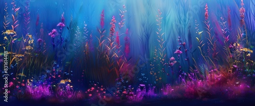 Abstract Underwater World With Glowing, Vibrant Plants, Background