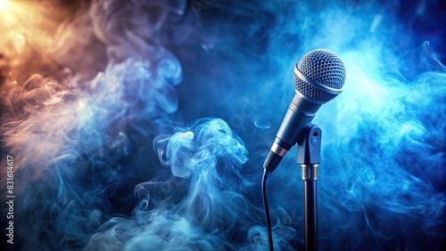 A close up shot of a microphone on stage surrounded by blue smoke haze, creating a smooth and ethereal atmosphere