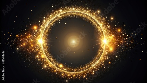 Circular frame of glittery gold sparkles and shimmering particles on a dark background, resembling a magical ring of light photo