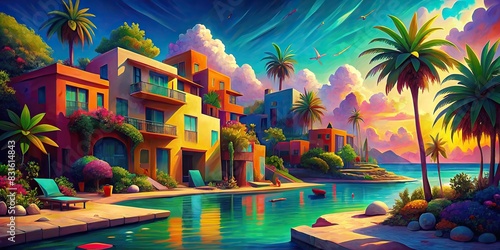 Vibrant abstract artwork inspired by a summer vacation with avant-garde design and high-chroma colors