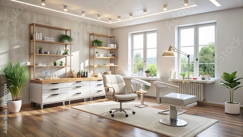 Minimalist and modern beauty salon interior with various skincare tools and equipment