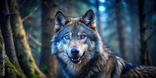 Blue-eyed wolf standing in a darkened forest with mouth agape photo