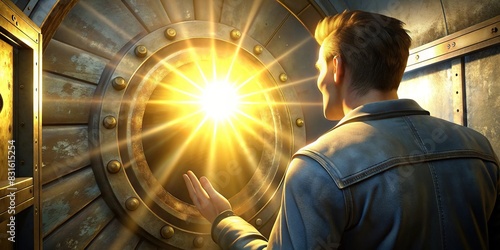 Vault 13 dweller bunker door opening as first sun rays shine in, causing him to shield his eyes with his hand photo