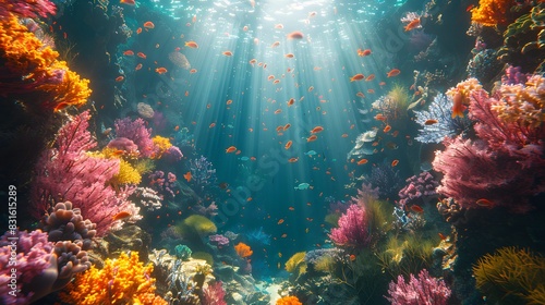 A 3D rendering of a vibrant underwater scene with colorful coral reefs  diverse marine life including fish  turtles  and rays  all illuminated by rays of sunlight penetrating the clear blue water