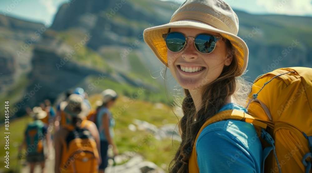 A woman wearing a yellow hat and sunglasses is smiling, hike concept A woman wearing a yellow hat and sunglasses is smiling, hike concept