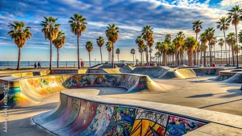 Empty skateboard ramp at Venice Beach with graffiti wall in the background photo