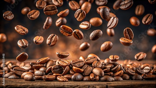 Coffee beans floating in midair on a background photo