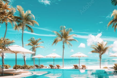A swimming pool with palm trees and chairs on a tropical beach