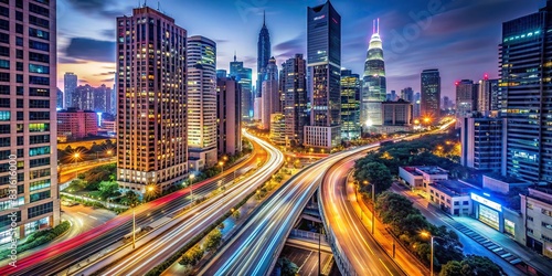 Nighttime cityscape with illuminated buildings and blurred lights of passing vehicles