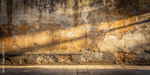 Old building wall with a worn cement texture and rough surface, creating a moody backdrop for product presentations with shadows and light photo