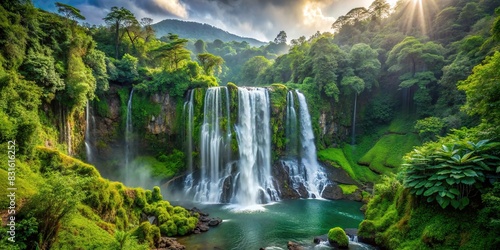 Majestic waterfall surrounded by lush green forest