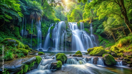 Serene waterfall cascading through lush forest scenery © artsakon