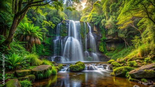 Remote waterfall hidden in dense forest foliage