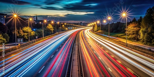 Time lapse photography of highway road at night with streaks of lights from passing cars