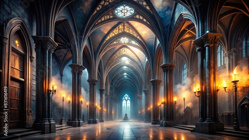 Dark Gothic empty hall with abstract renaissance architecture  illuminated by mysterious light and swirling smoke