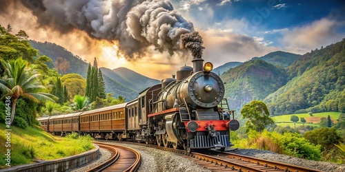 Vintage steam locomotive chugging along a scenic railway track