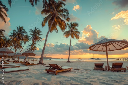 The beach is adorned with numerous chairs and umbrellas as the sun sets