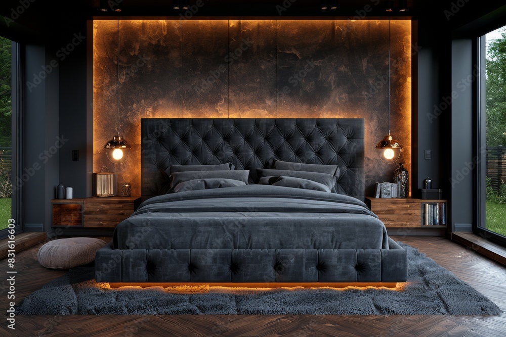 Luxurious bedroom with tufted bed and ambient lighting, creating a stylish and inviting atmosphere